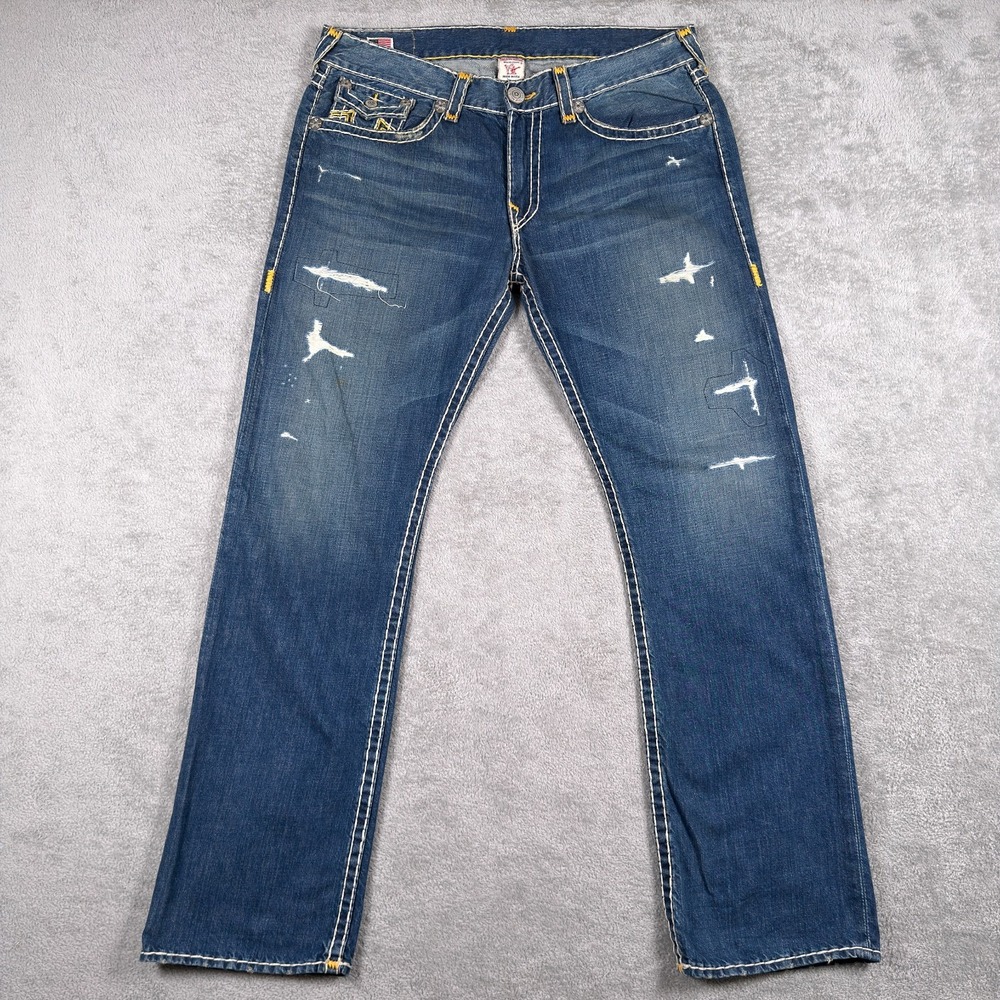 True Religion Jeans Mens 38x34 Ricky Super T Straight Leg Blue Distressed Denim
